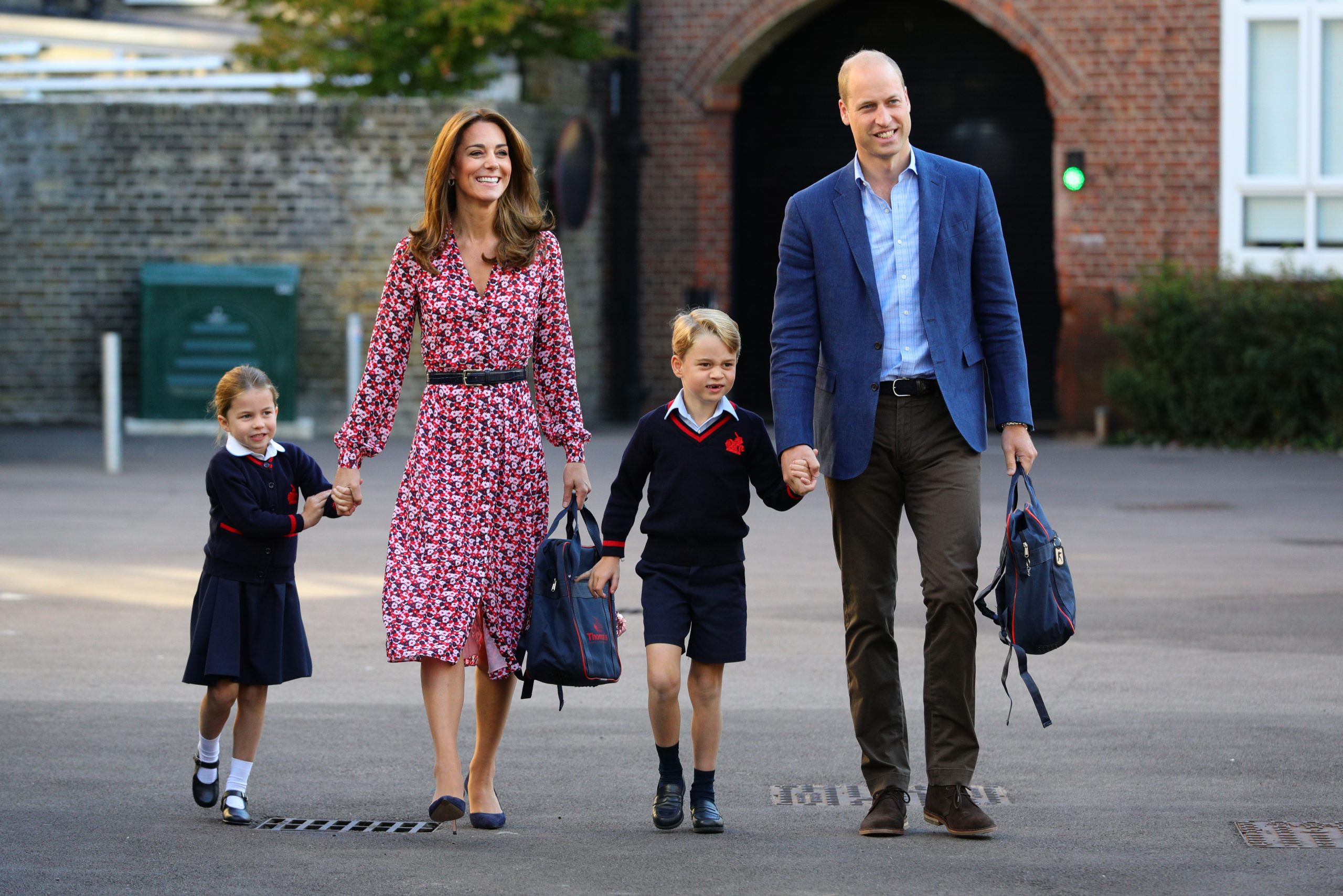 LONDON, UNITED KINGDOM – SEPTEMBER 5: Princess Charlotte arrives for her first day of school, with her brother Prince George and her parents the Duke and Duchess of Cambridge, at Thomas’s Battersea in London on September 5, 2019 in London, England. (Photo by Aaron Chown – WPA Pool/Getty Images)