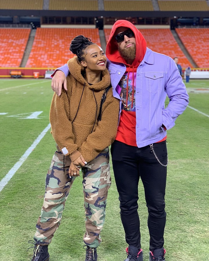 Travis Kelce and his girlfriend, Kayla Nicole, in the football stadium (Source: Instagram)