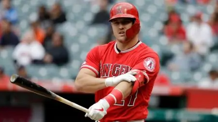 Mike Trout plays centerfield for the Los Angeles Angels.
